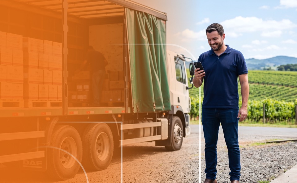 Operação de entrega de produtos vinícolas com caminhão e rastreio